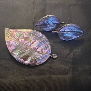 Vintage Taxco Mexico 925 Sterling Silver Abalone Leaf Brooch & Earring Set 18.7g